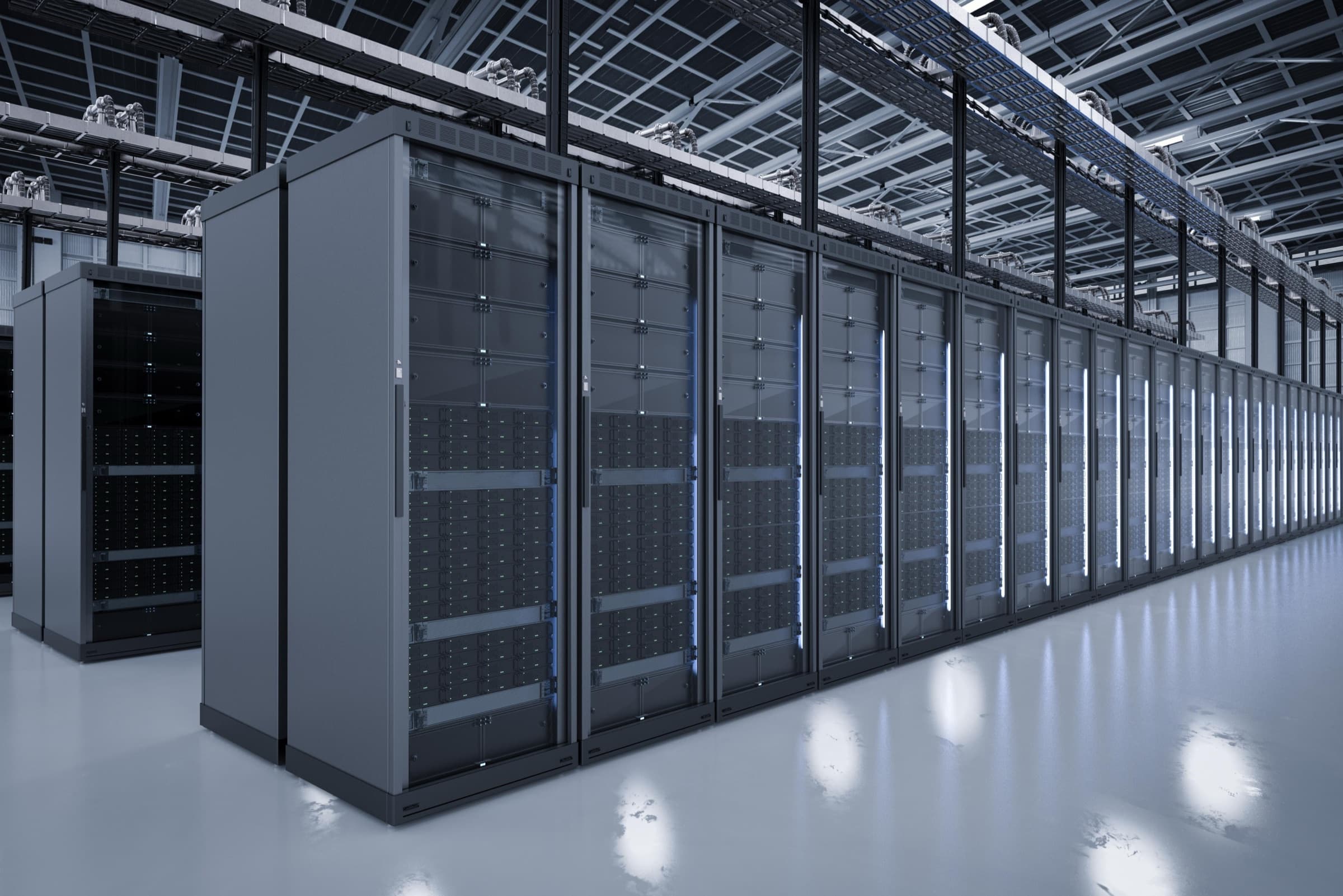 Rows of server racks in a modern data center